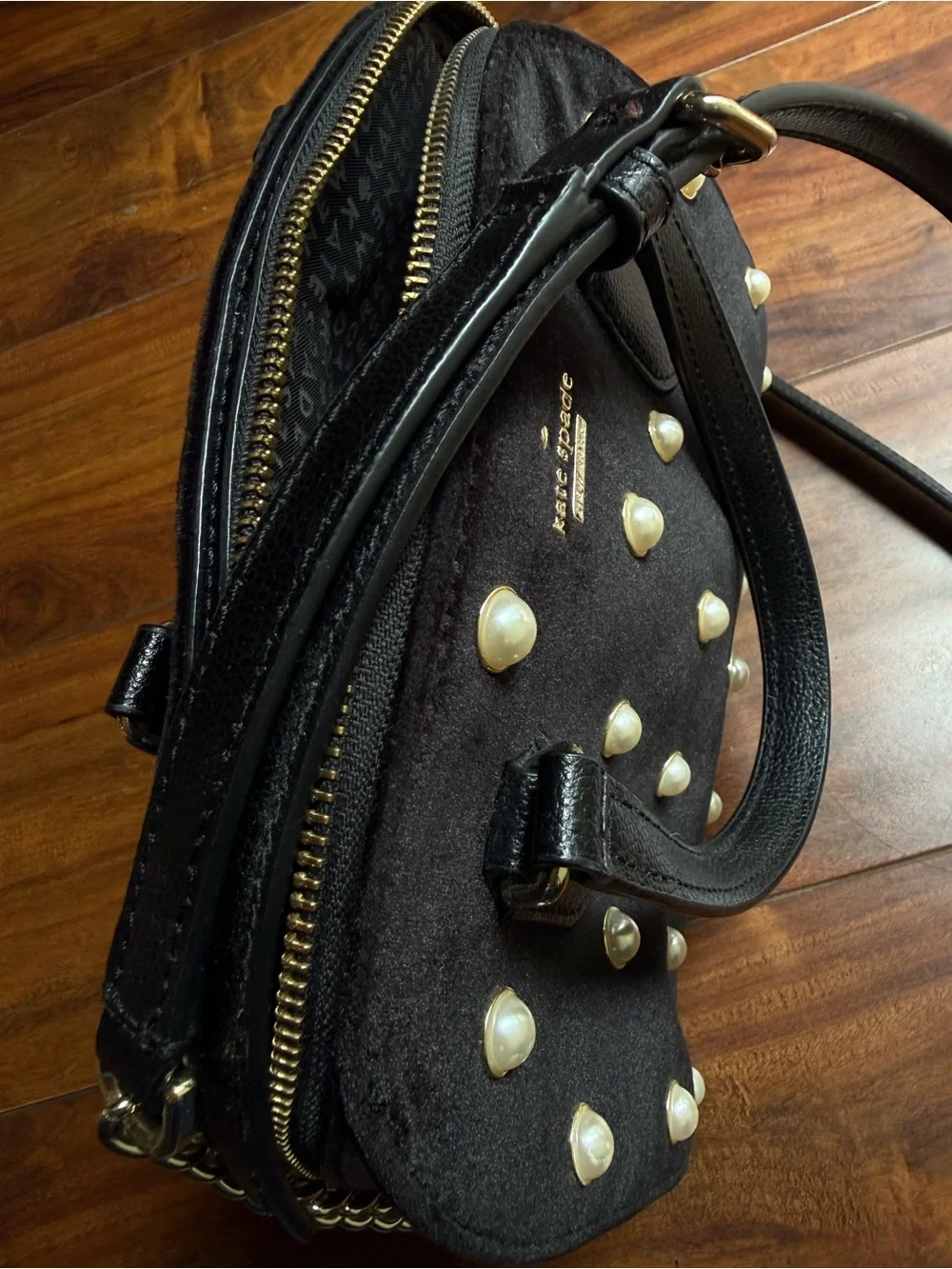 kate spade Black Pearl-Embellished Velvet Dome Satchel